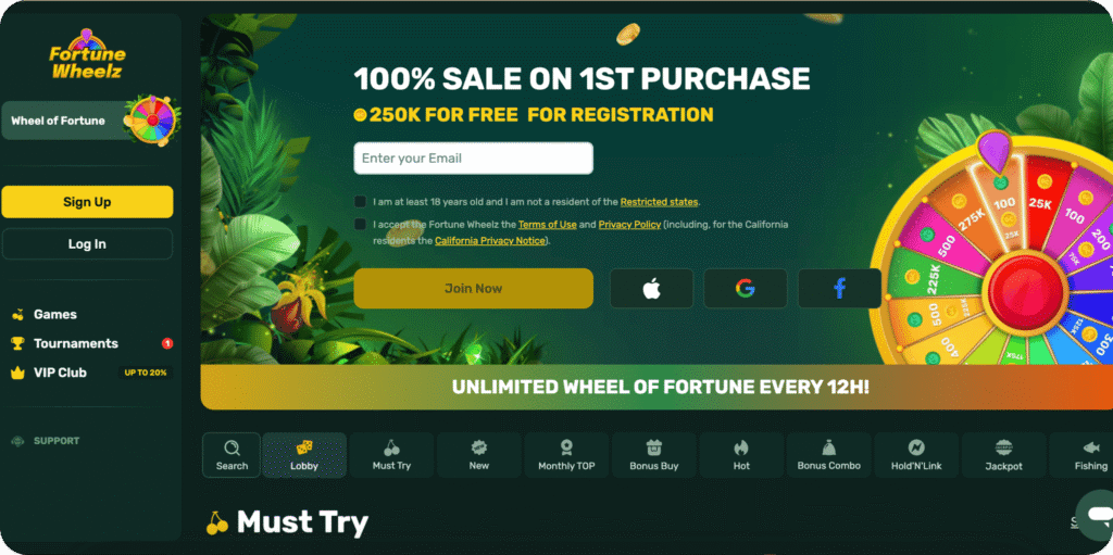 Fortune Wheelz Casino Homepage
