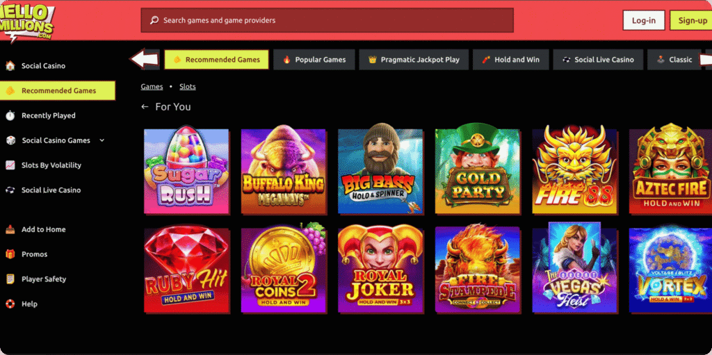 Hello Millions Casino Games Lobby